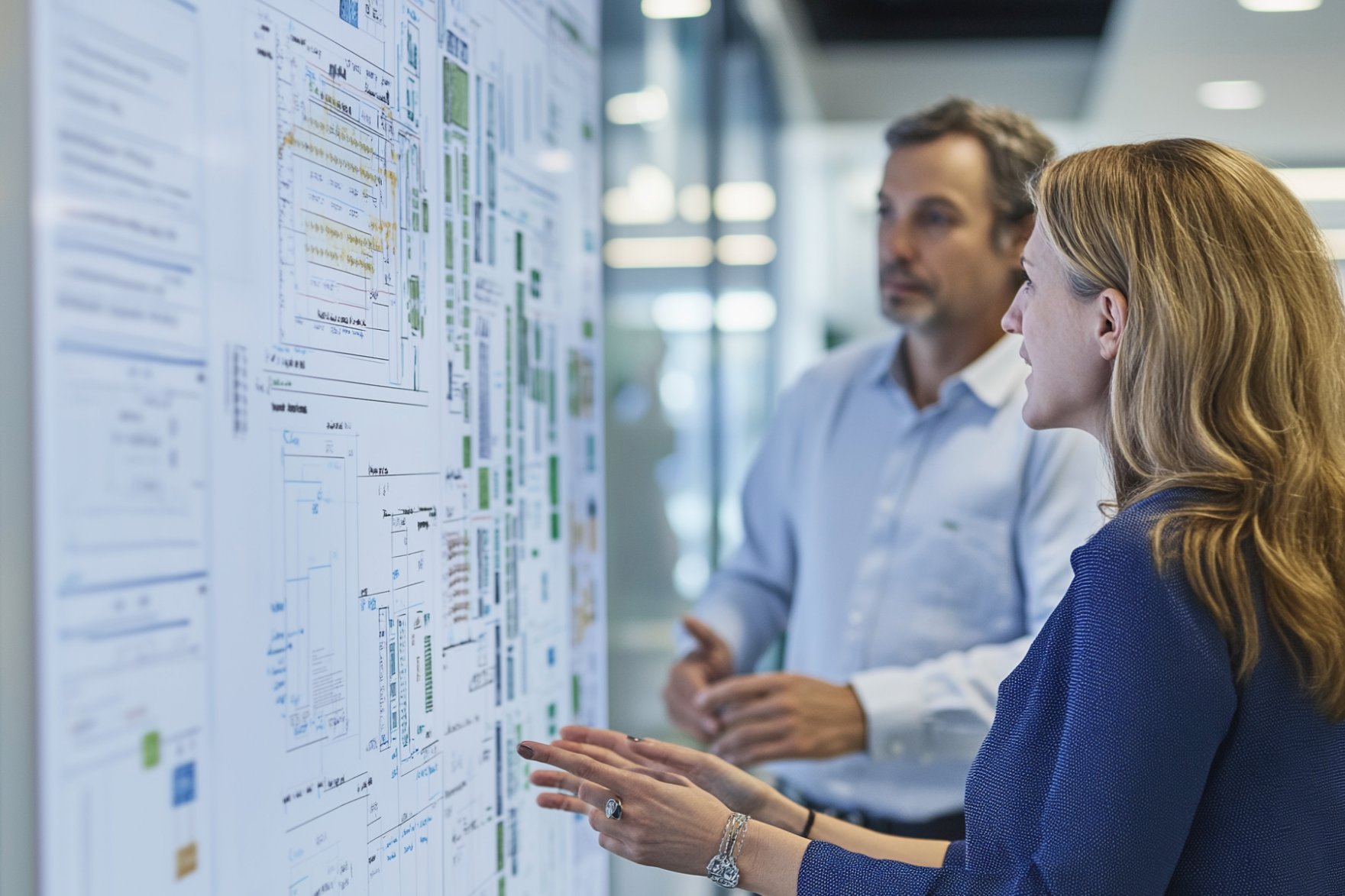 Arbeitsathmosphäre, zu sehen sind zwei Personen vor einem Whiteboard mit umfangreicher Projektplanung in Industrie-Umgebung